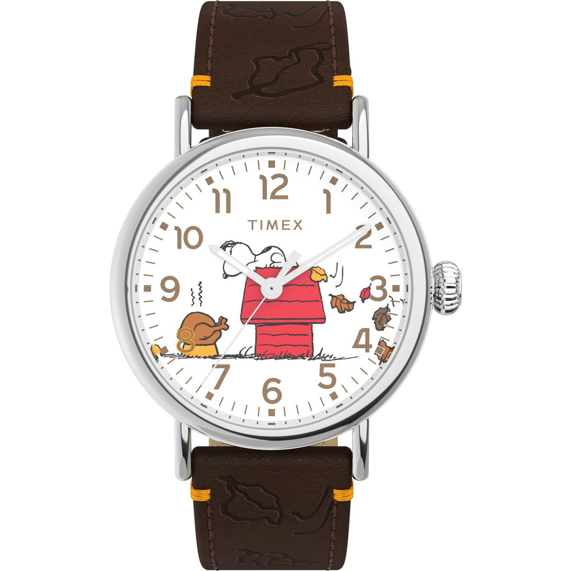 Timex ユニ一発やる Peanuts Waterbury Standard 40粍 ウオッチ ブラウンストラップ 白いこと文字盤 シルバートーンケース