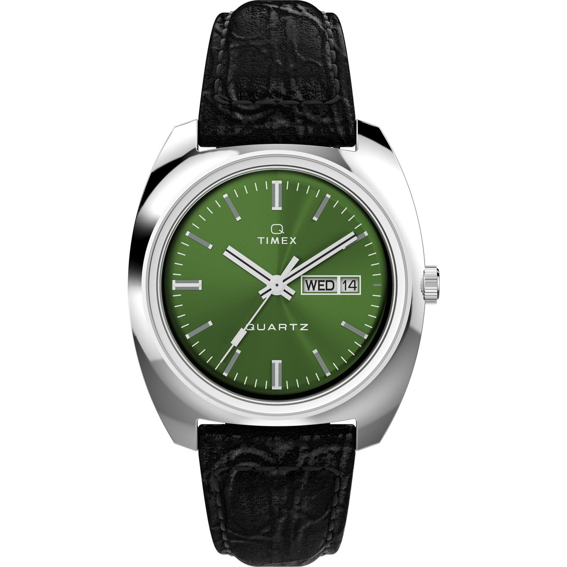 Timex メンズ Q 1978 Day Date 37mm 腕時計 ブラックストラップ グリーンダイアル ステンレススチールケース