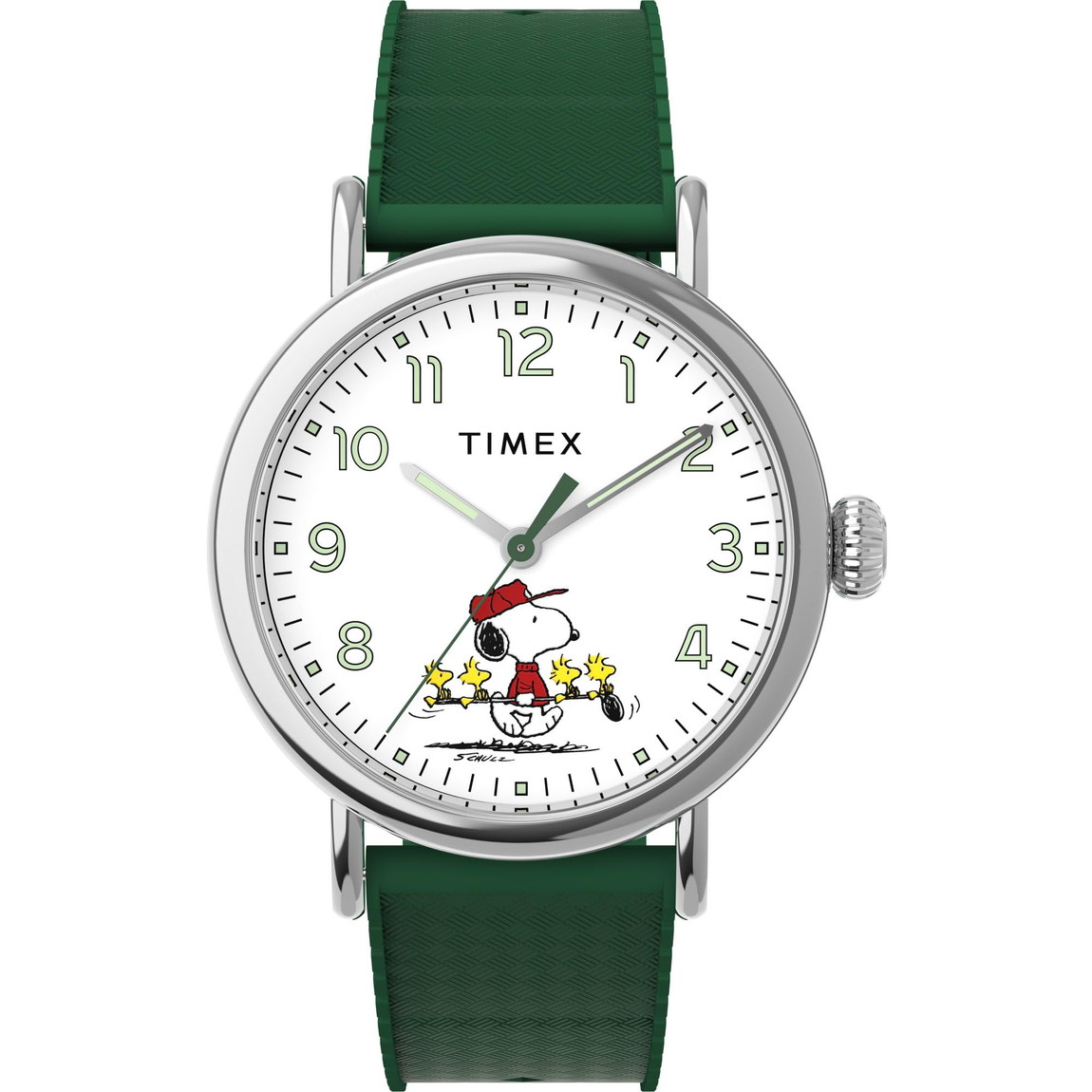 Timex メンズ Peanuts Waterbury Standard 40粍 ウオッチ グリーンストラップ 白いこと文字盤 シルバートーンケース