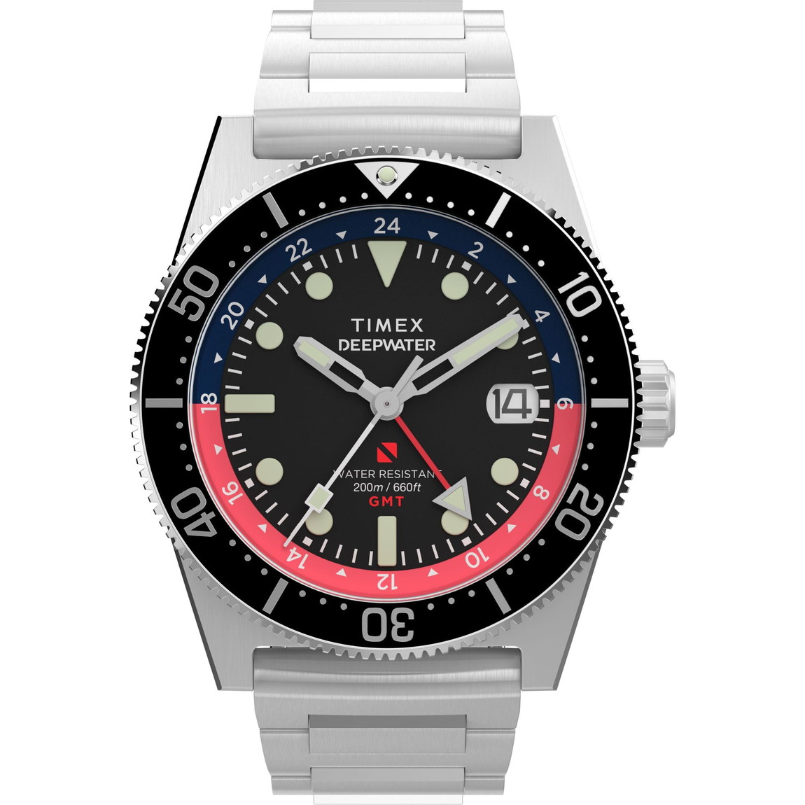Timex メンズ Deep Water Reef 41mm 腕時計 ステンレススチール ブレスレット ブラックダイアル ステンレススチールケース