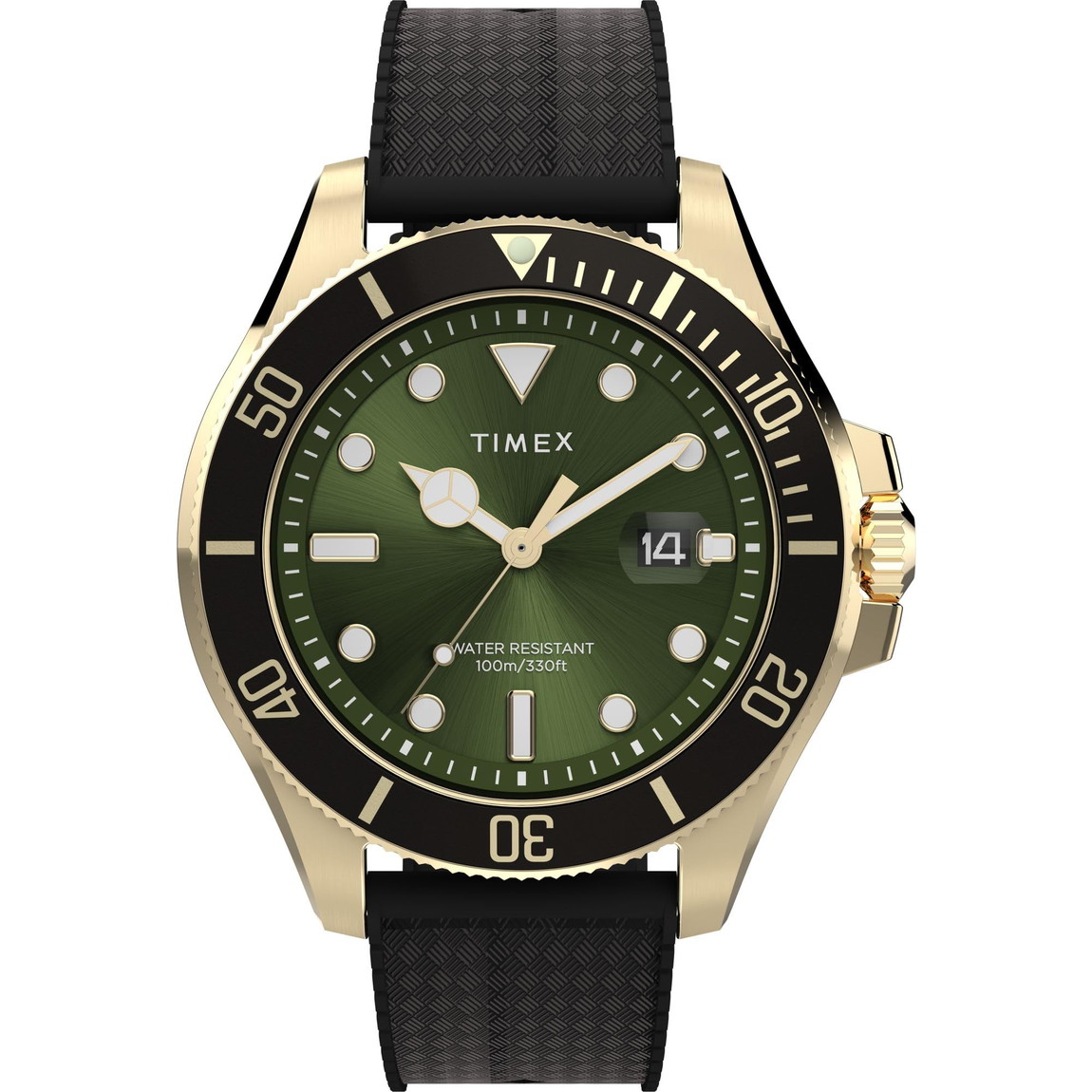 Timex メンズ Harborside Coast 43粍 ウオッチ ブラックストラップ 緑であること文字盤 ゴールドトーンケース