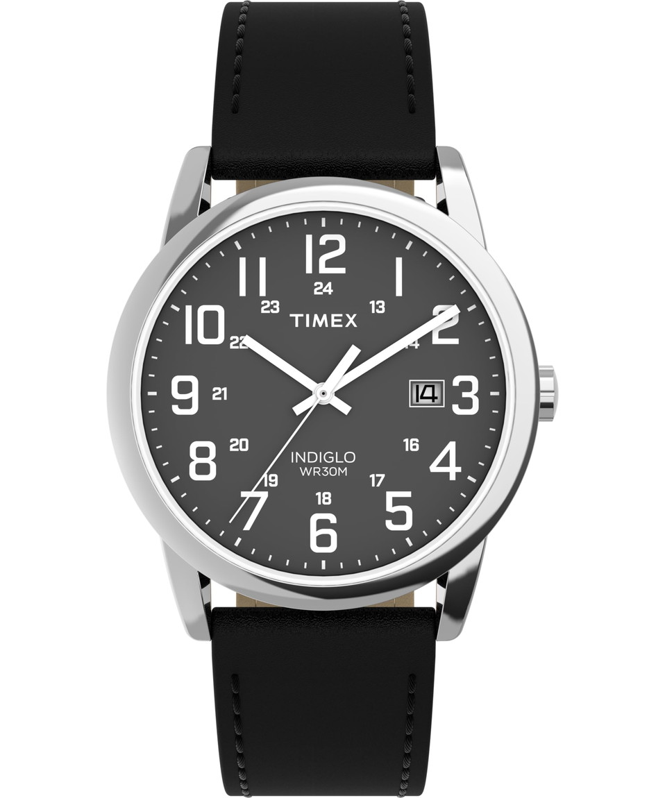 Timex メンズ Easy Reader 38 粍 ウオッチ ブラックレザーストラップ 黒いこと文字盤 シルバートーンケース TW2Y12800