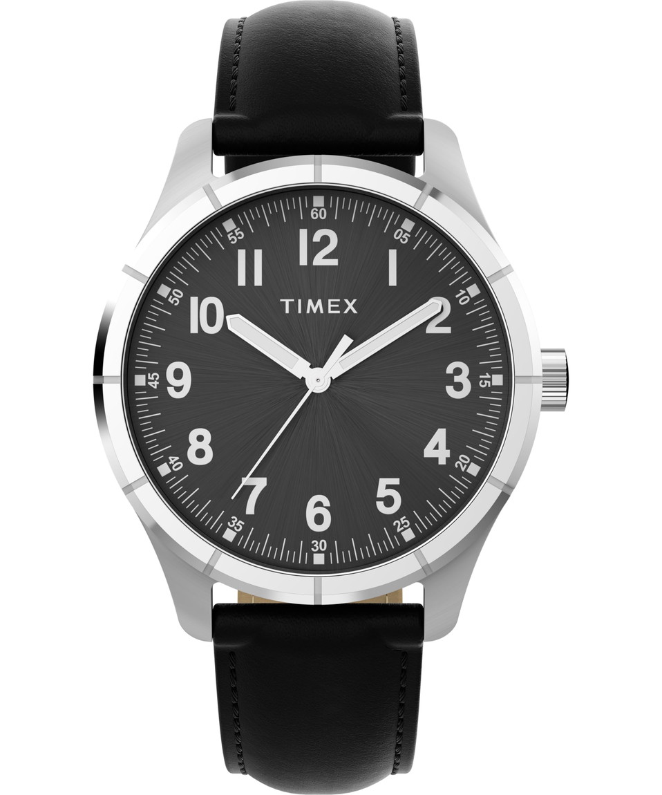 Timex メンズ Main Street 42 粍 ウオッチ ブラックレザーストラップ 黒いこと文字盤 シルバートーンケース TW2Y16100
