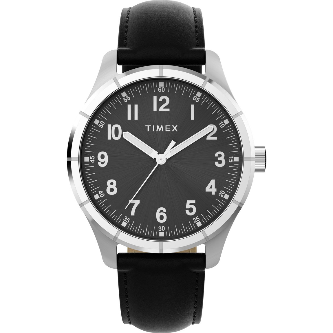 Timex メンズ Main Street 42mm 腕時計 ブラックストラップ ブラックダイアル シルバートーンケース