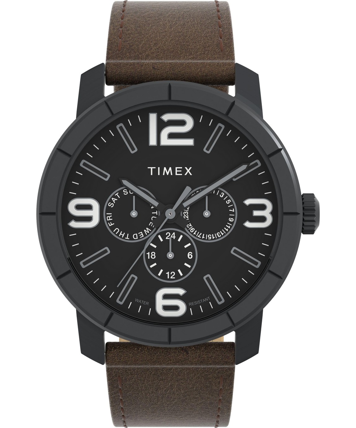 タイメックス Mod メンズ 腕時計 44mm ブラック文字盤 ブラウンレザーストラップ ブラックケース|Basqueバスク