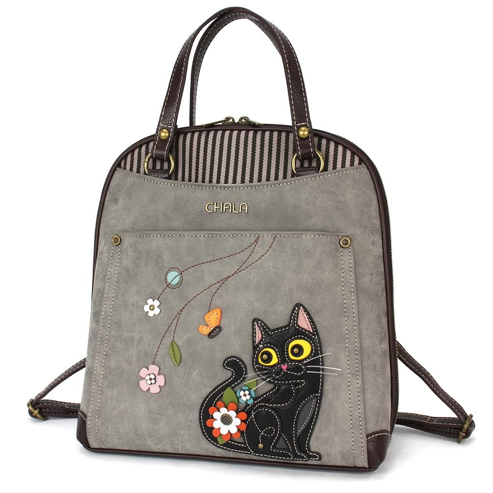 CHALA ブラックキャット 猫 コンバーチブル バックパック ショルダーバッグ 2WAY ヴィガンレザー キャンバス グレー｜Basqueバスク