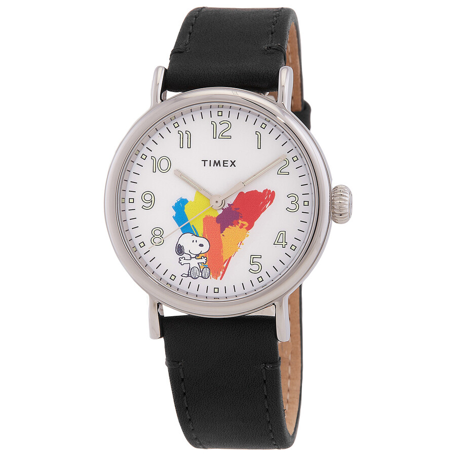 Timex メンズウオッチ おせっかい Peanuts 共同研究 石英 白いこと文字記号盤 ブラックレザーバンド