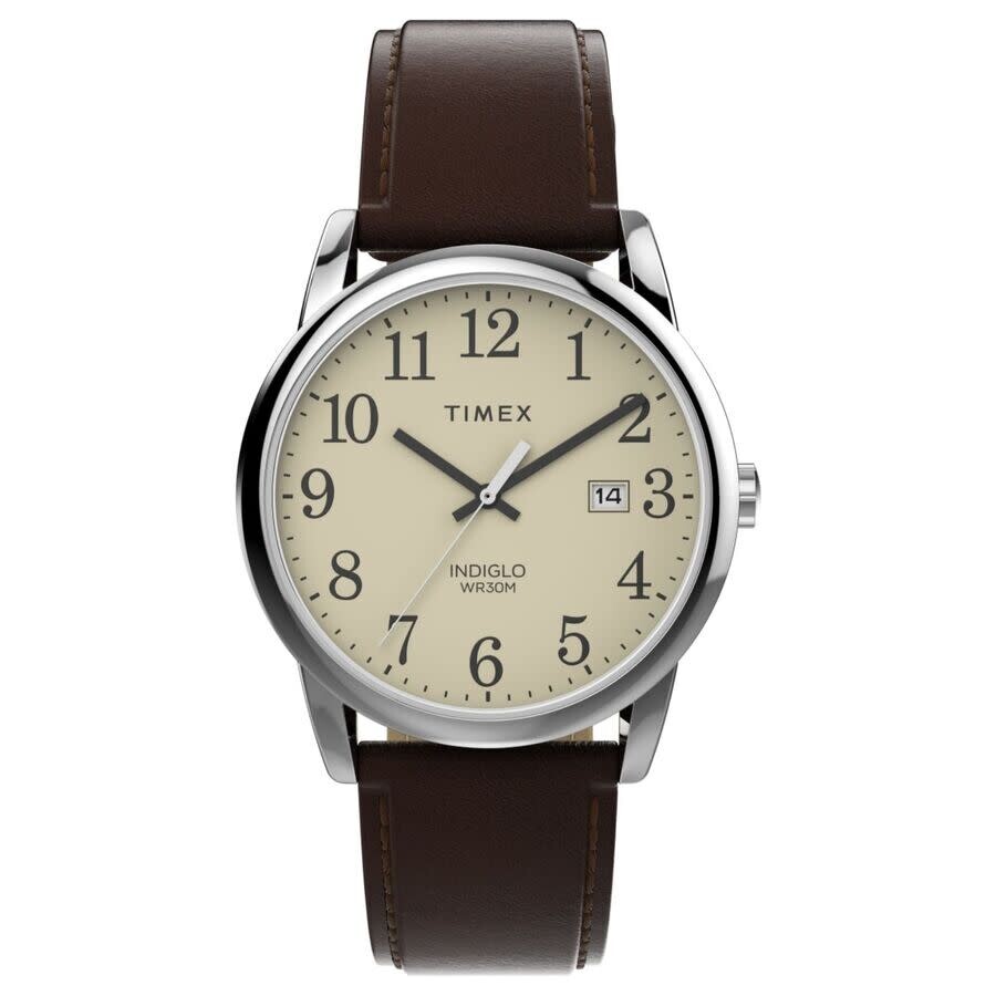 Timex Easy Reader メンズ ウオッチ 石英 ベージュ文字記号盤 ブラウンレザーベルト アナログ デイト見せびらかす