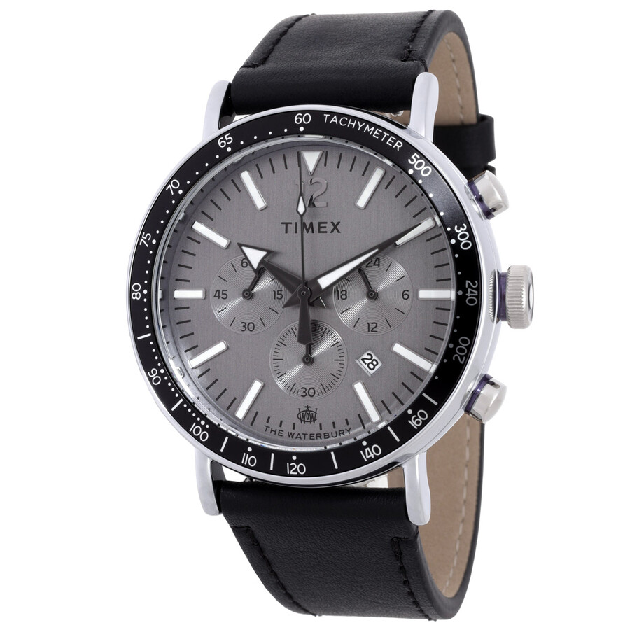 Timex メンズ ウオッチ お水木ノ実 クロノグラフ 石英 薄墨色文字記号盤 ブラックレザーベルト 43粍