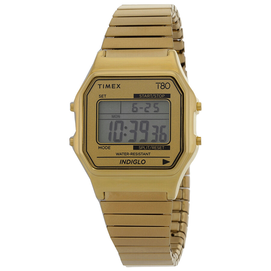 Timex T80 ウオッチ デジタル 石英 ユニ一発やる ゴールド レトロ 真四角型 ステンレススチールブレス