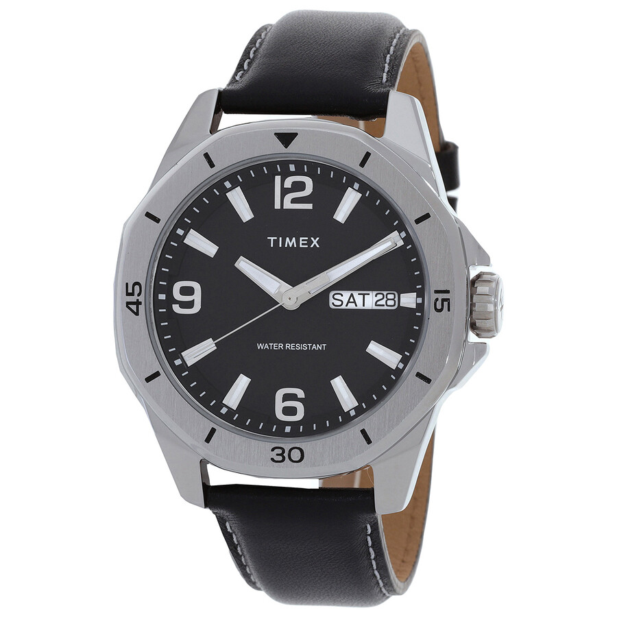 Timex Essex ウオッチ メンズ 石英 黒いこと文字記号盤 しろがね色容れもの なめし革三尺帯 デイデイト