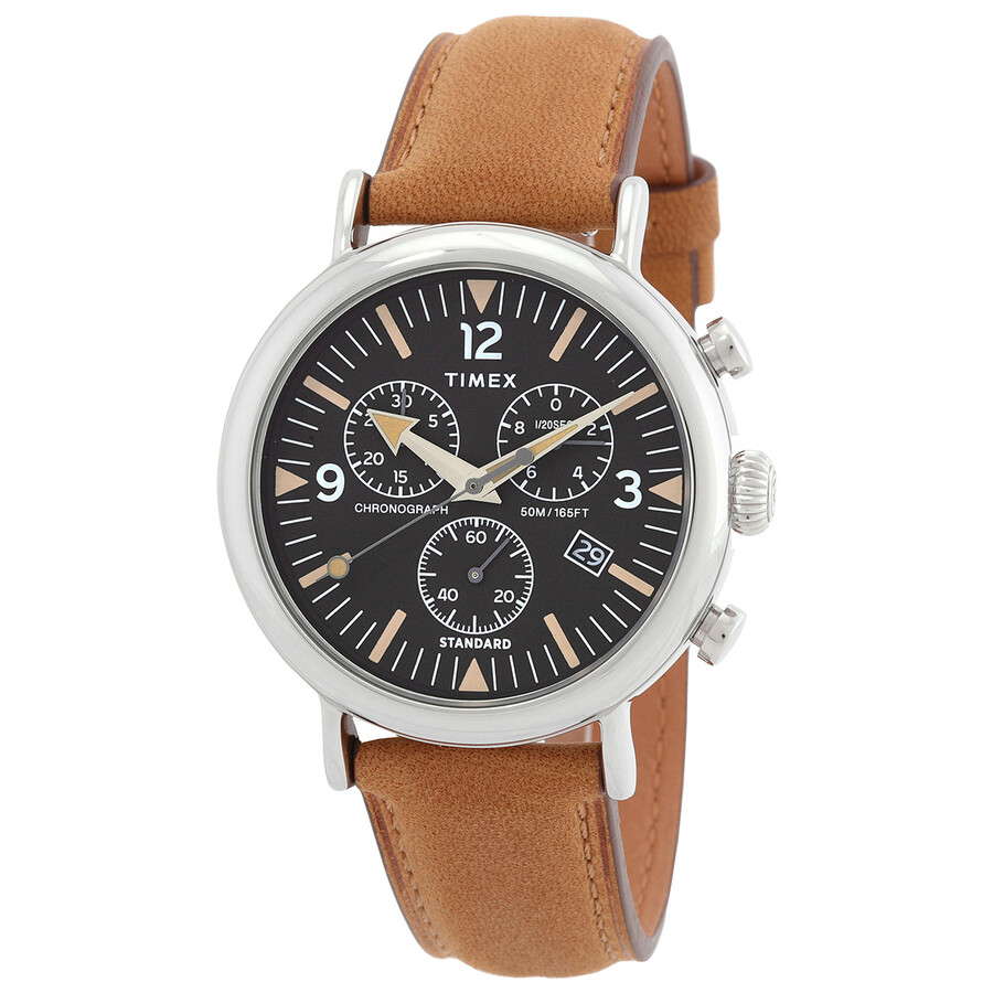 Timex Waterbury Standard メンズ ウオッチ クロノグラフ 石英 黒いこと文字記号盤 ブラウンレザーベルト