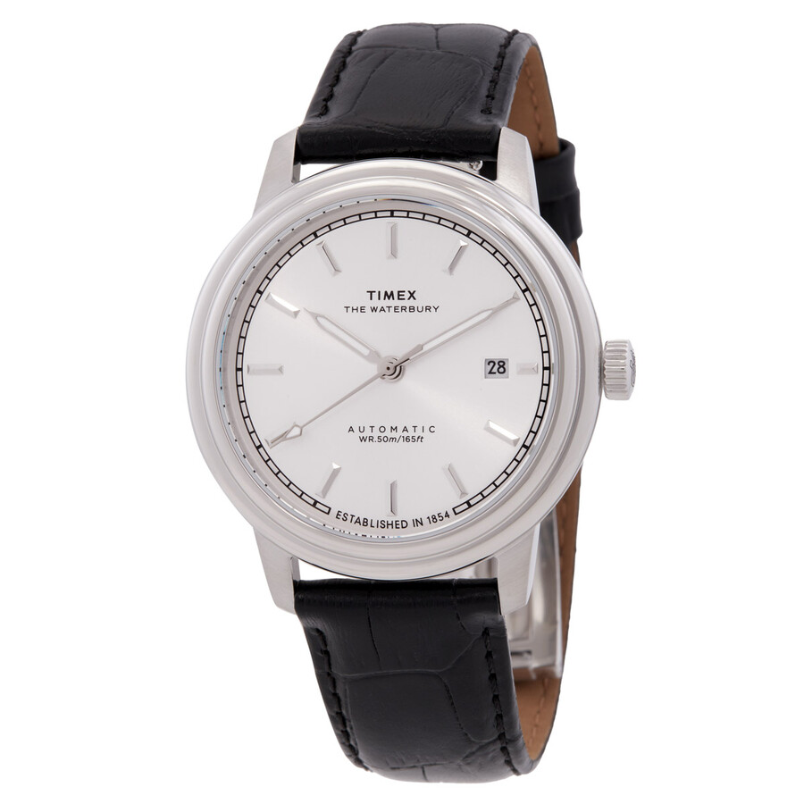 Timex メンズウオッチ Waterbury 自動小銃一巻き しろがね色文字記号盤 ブラックレザーベルト アナログ デイト書きあらわす