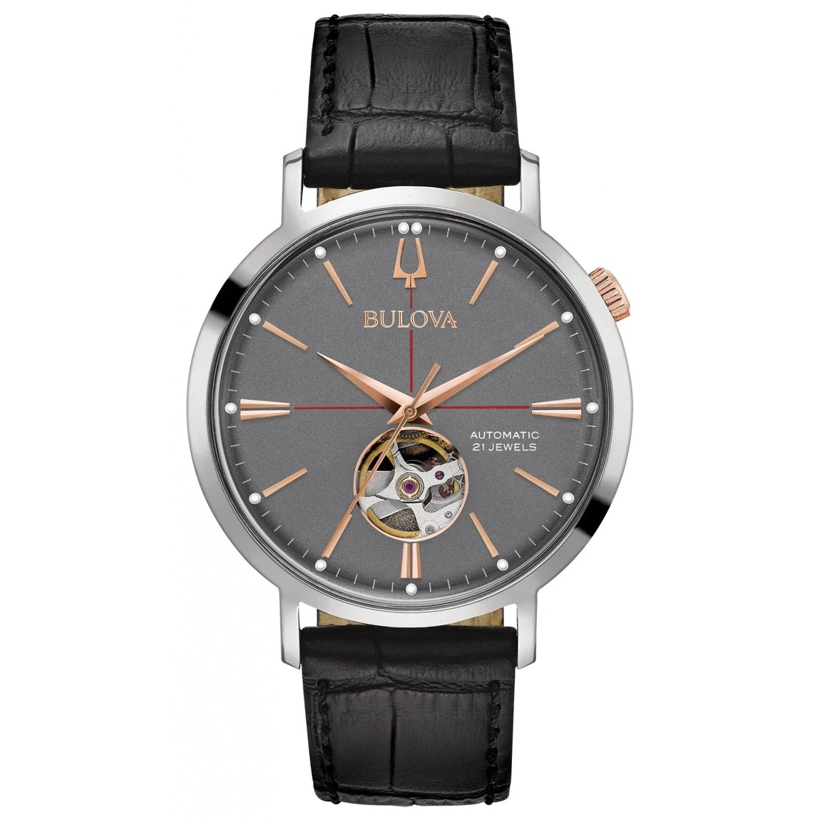 Bulova Classic Aerojet 腕時計 メンズ グレー文字盤 自動巻き ブラックレザー 98A187|Basqueバスク