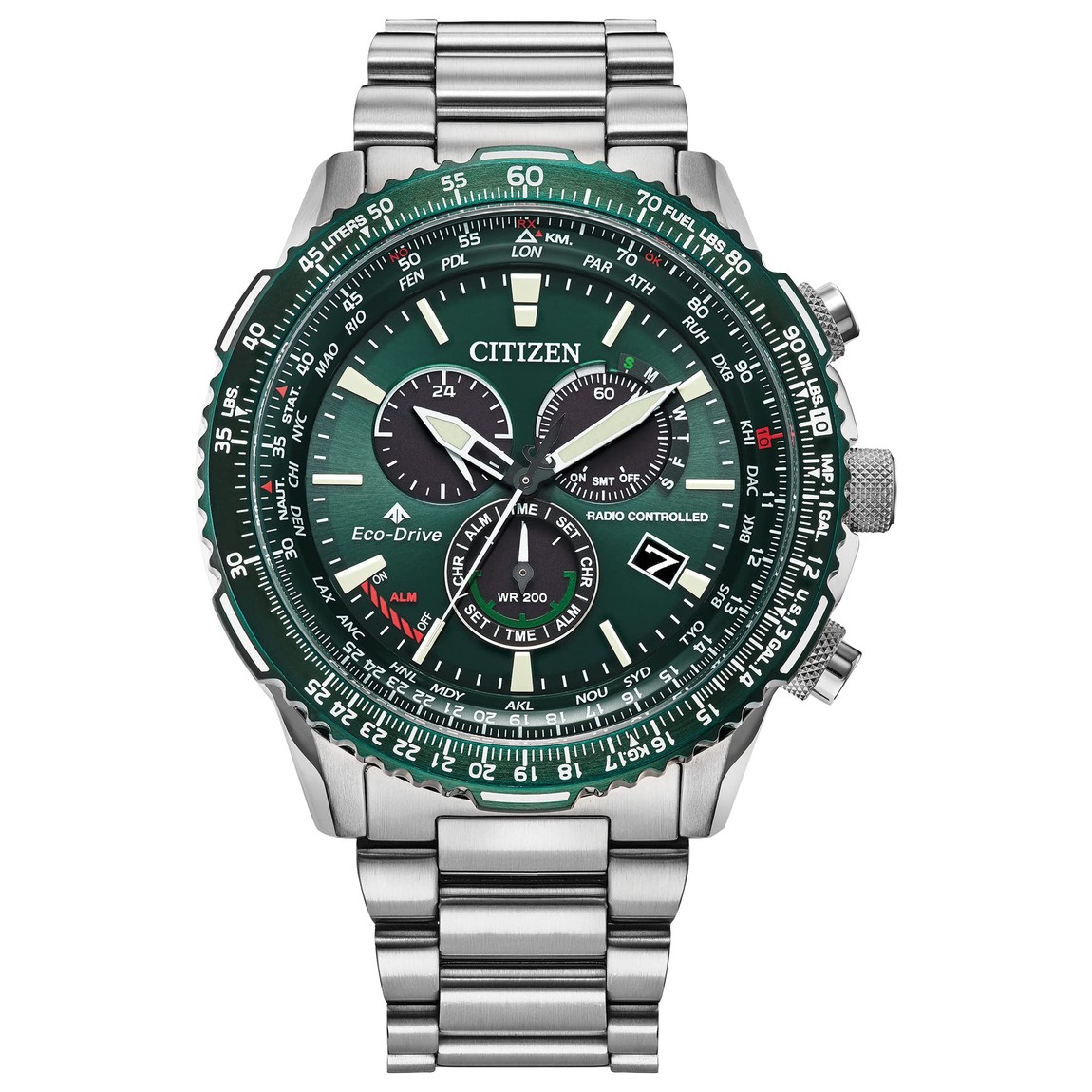 Citizen Promaster パイロット クロノグラフ 腕時計 エコドライブ 電波時計 サファイアガラス グリーン文字盤｜Basqueバスク