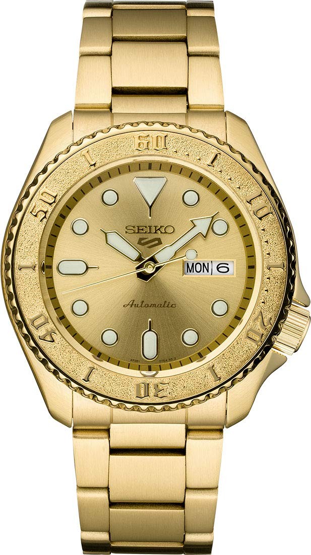 SEIKO 5 Sports 腕時計 自動巻 メタリックゴールド文字盤 ゴールドトーン ステンレス メンズ SRPE74｜Basqueバスク