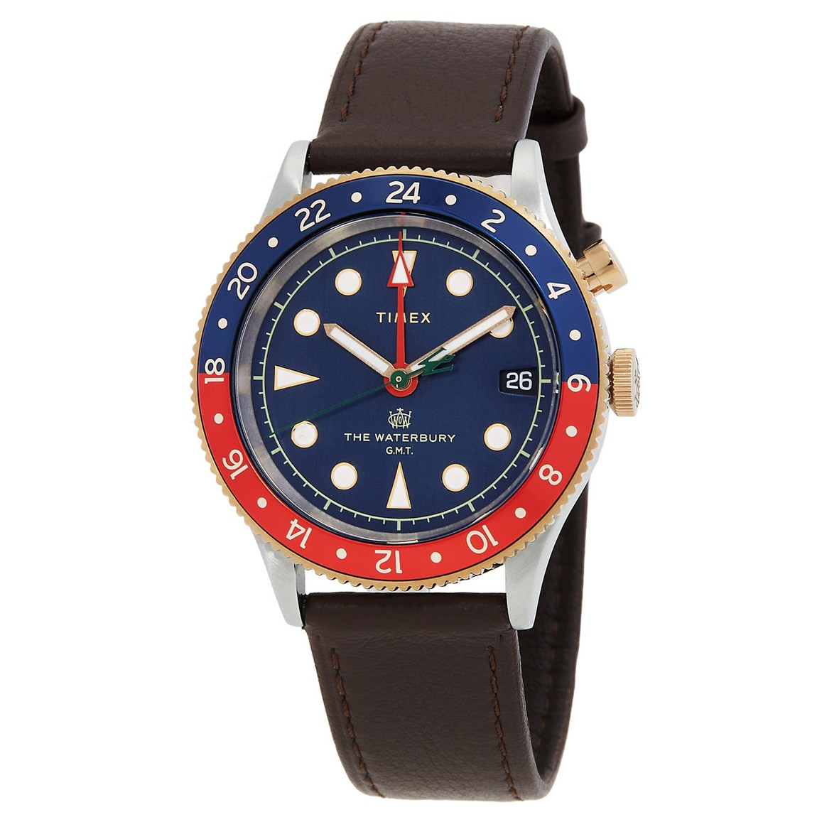 Timex Waterbury GMT 腕時計 クオーツ ブルー文字盤 ブラウンレザーストラップ メンズ TW2U90500|Basqueバスク