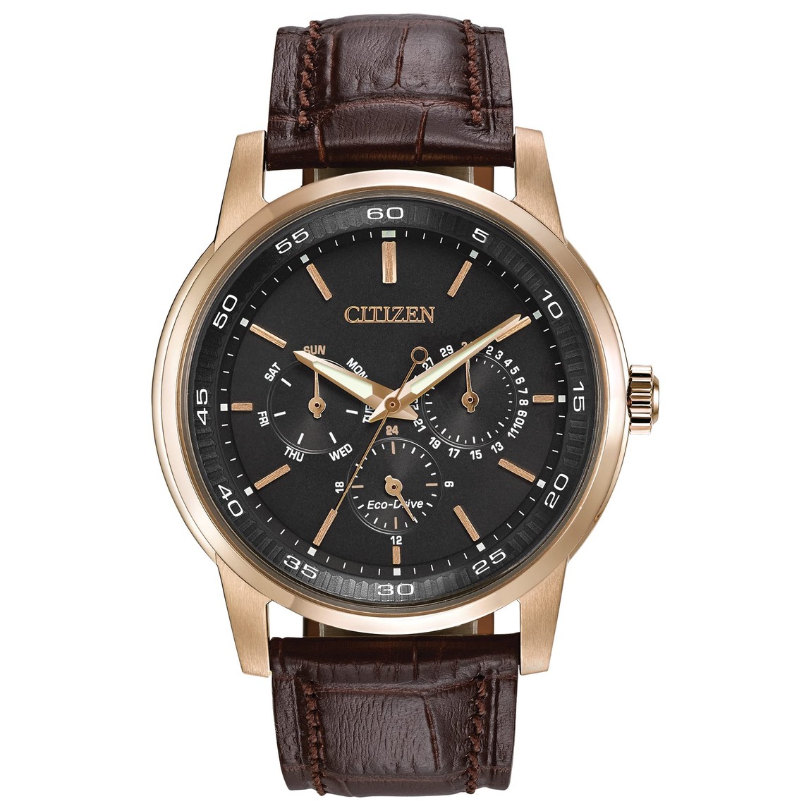 Citizen Eco-Drive Corso Classic 腕時計 メンズ ブラック文字盤 ゴールドトーン ブラウンレザーストラップ BU2013-08E｜Basqueバスク