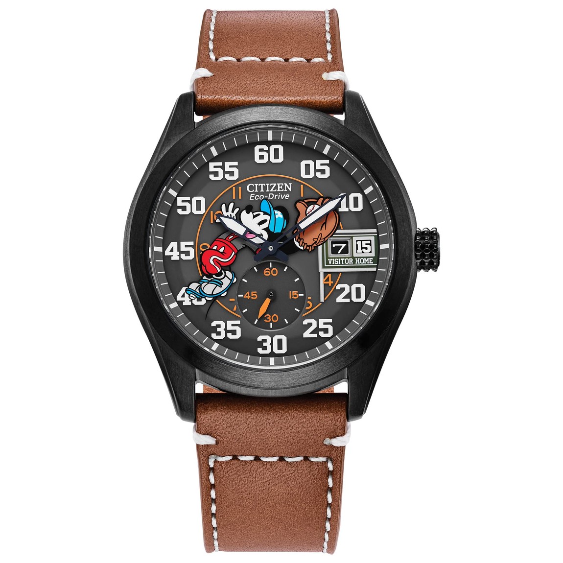 Citizen Disney Mickey Mouse Baseball 腕時計 エコ・ドライブ メンズ ブラック文字盤 ブラウンレザーストラップ 43mm BV1089-05W|Basqueバスク