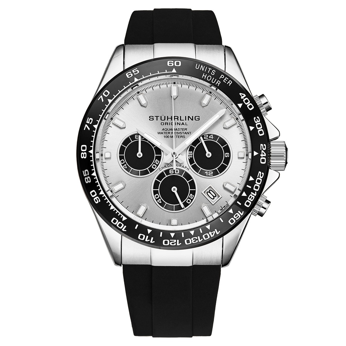 Stuhrling Aquamaster 腕時計 クオーツ クロノグラフ シルバー文字盤 セラミックベゼル ブラックラバーベルト メンズ 42mm｜Basqueバスク 21,024円