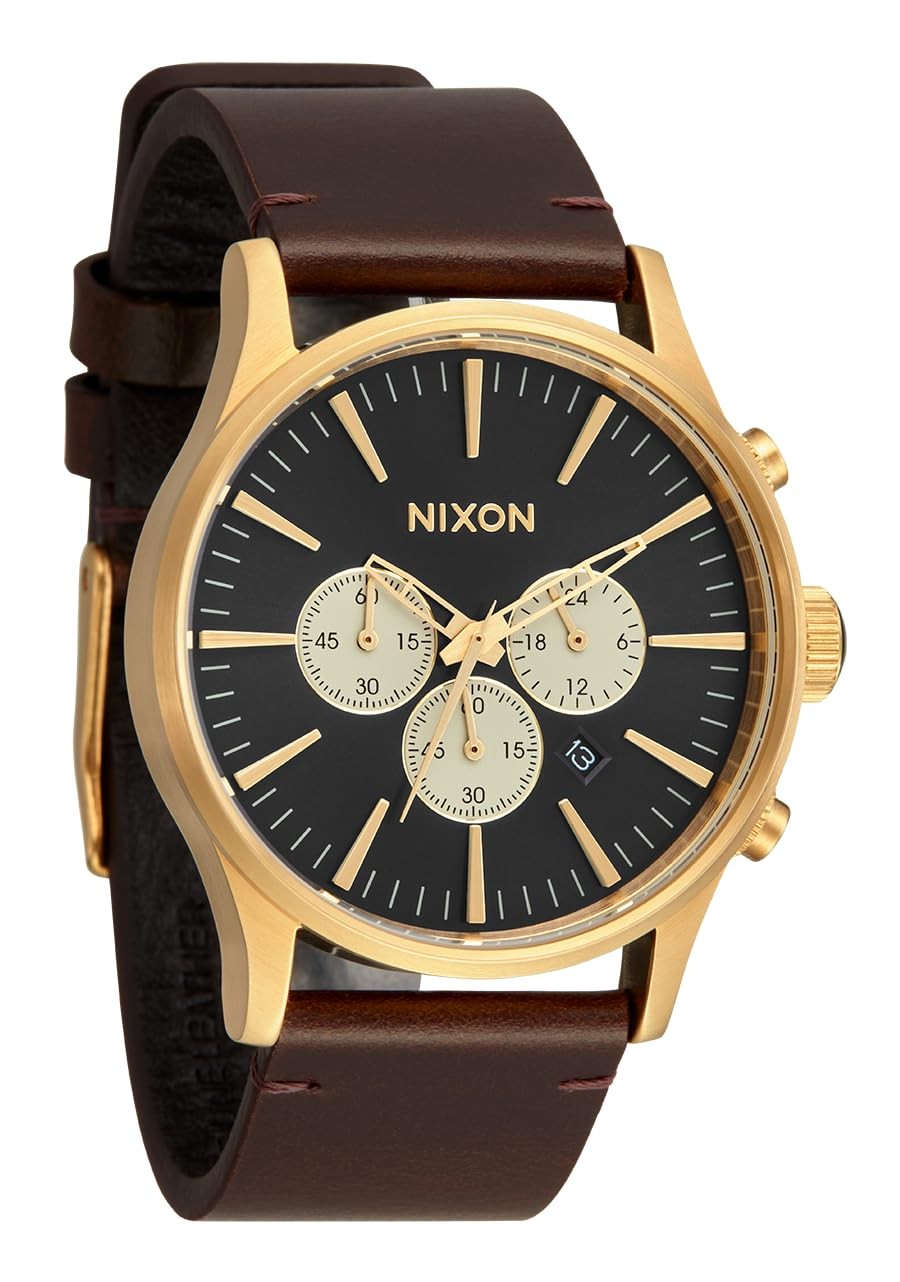 NIXON Sentry Chrono Leather 腕時計 ゴールド/インディゴ文字盤 クオーツ メンズ クロノグラフ A1391｜Basqueバスク