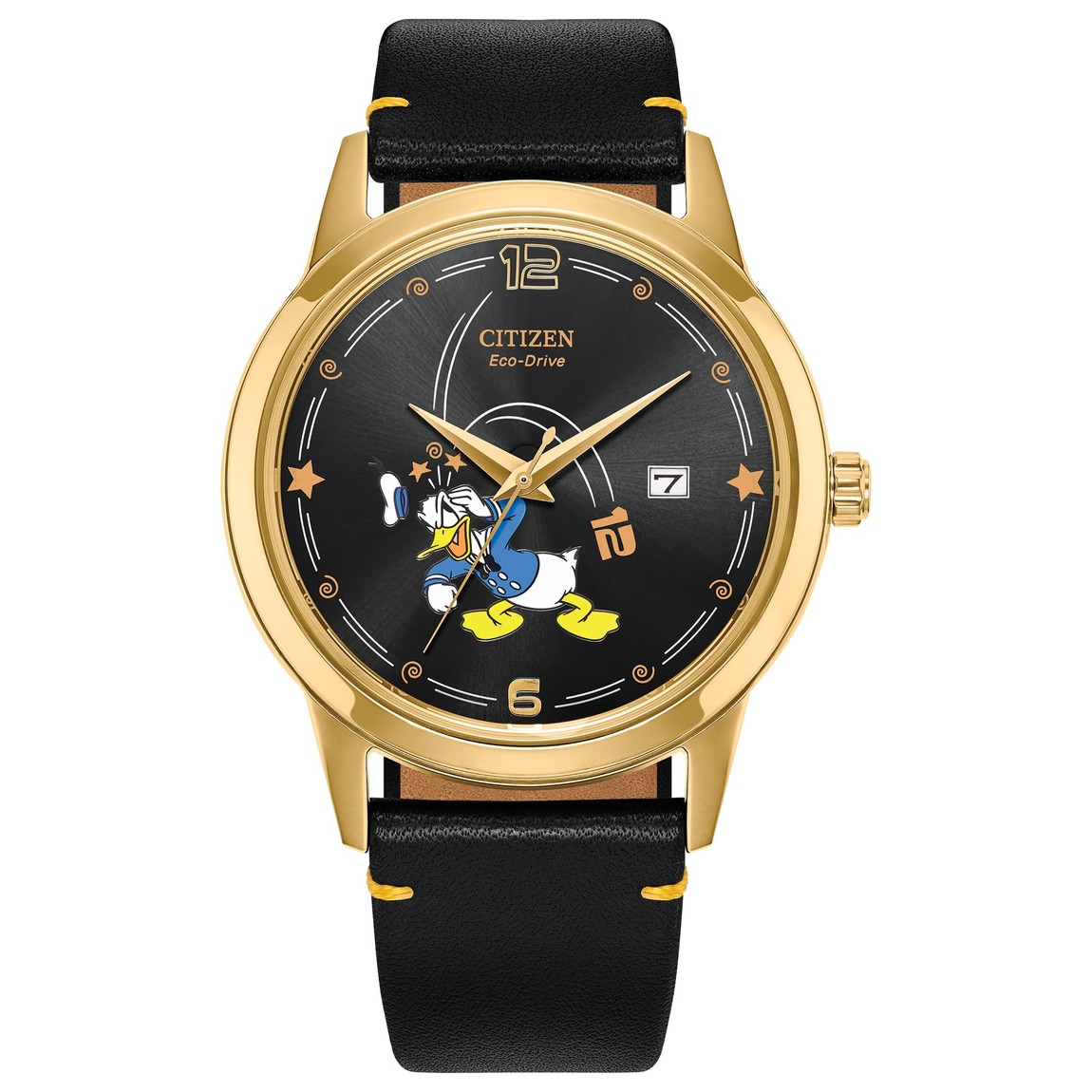 Citizen Disney Donald Duck Seeing Stars 腕時計 メンズ ブラック文字盤 ゴールドケース エコドライブ レザーベルト AW1789-04W｜Basqueバスク