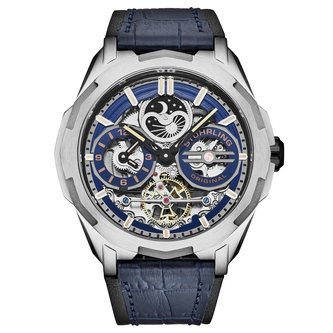 Stuhrling Original Navigator 腕時計 自動巻 デュアルタイム スケルトン文字盤 サン＆ムーン 46mmケース ステンレススチール ブルー メンズ｜Basqueバスク