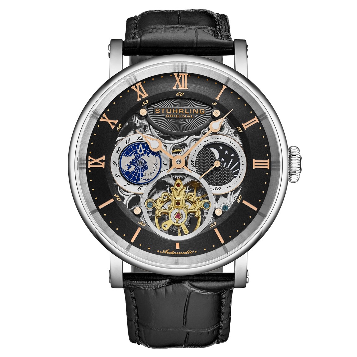 Stuhrling Original Dual Time Automatic Majestic 腕時計 メンズ スケルトン ブラック 文字盤 レザーベルト 47mm｜Basqueバスク