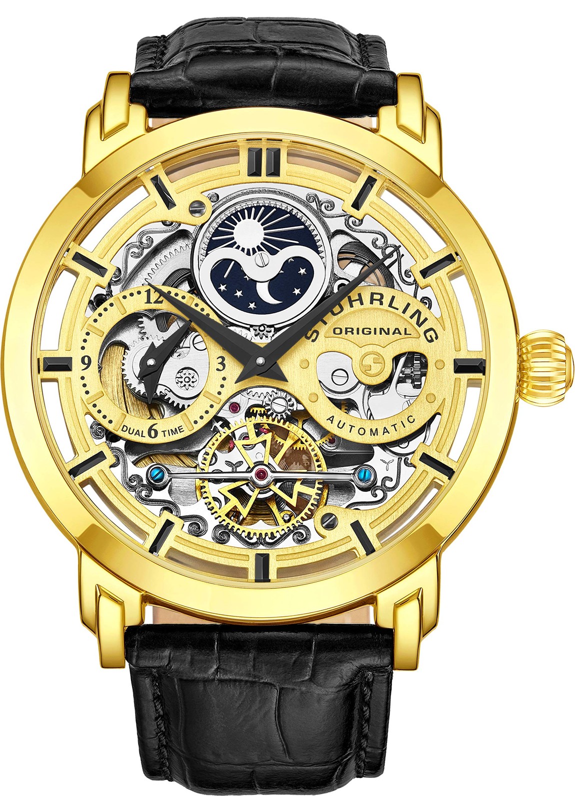 Stuhrling Original メンズ 腕時計 自動巻き スケルトン デュアルタイム ゴールド ステンレススチール 本革ベルト｜Basqueバスク 49,500円