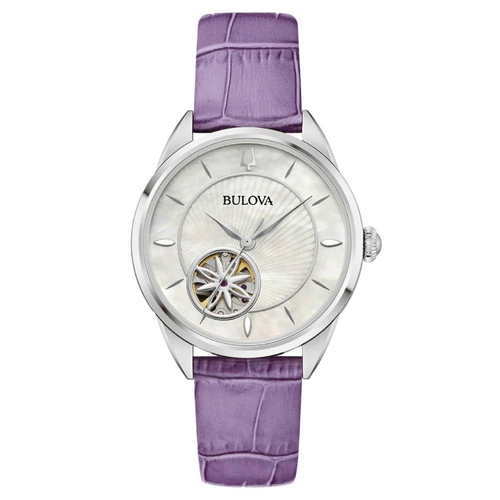Bulova Sutton Automatic Floral Open Heart 腕時計 レディース パープルレザー マザーオブパール 96L339｜Basqueバスク