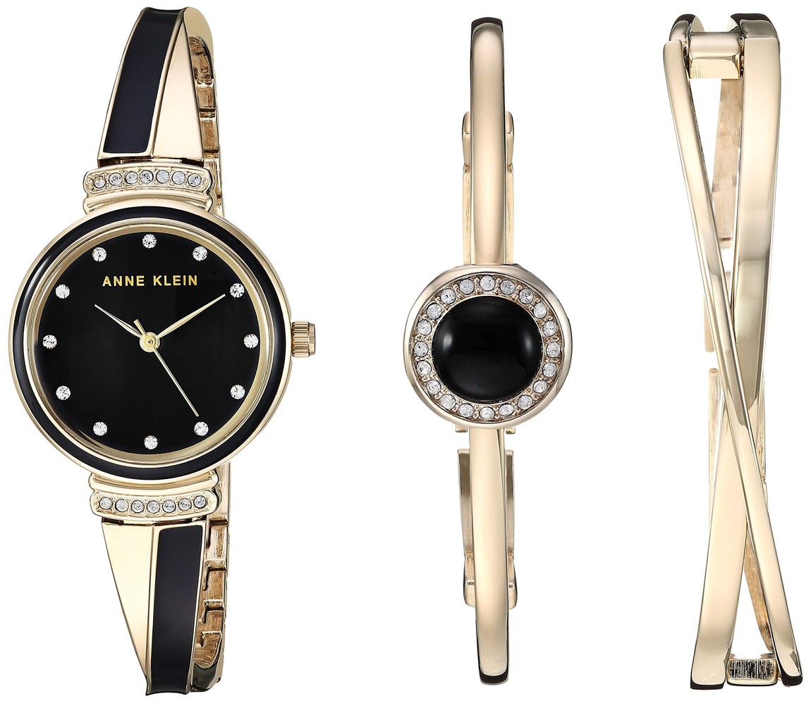 Anne Klein Premium Crystal Accented Watch and Bangle Set 腕時計 レディース ブラック文字盤 クオーツ バングル3点セット｜Basqueバスク