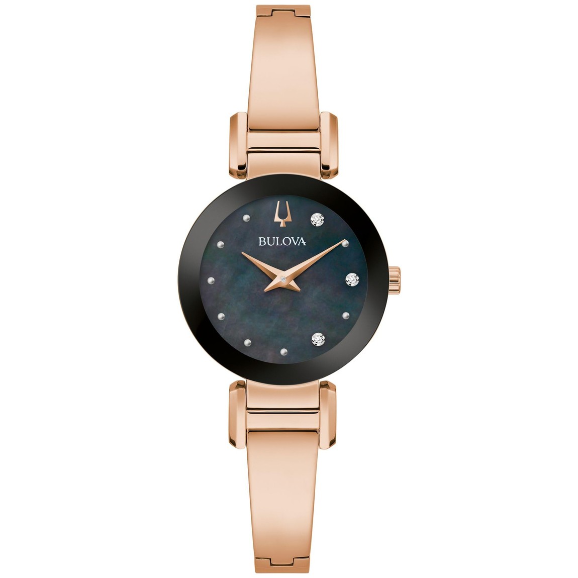 Bulova Marc Anthony 腕時計 レディース ローズゴールド バングル ブラック マザーオブパール ダイヤモンド 97P163｜Basqueバスク