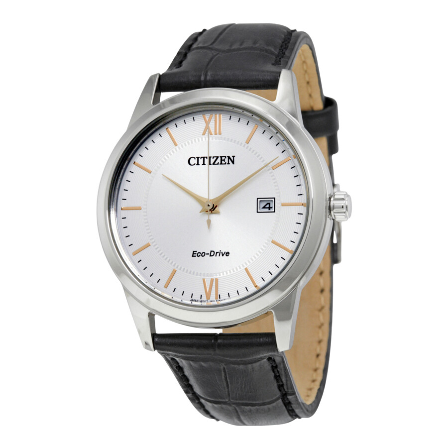 Citizenシチズンウォッチ 逆インポート Eco Drive しろがね色 文字盤 黒いこと なめし革 メンズ 御覧なさる AW1236 03A