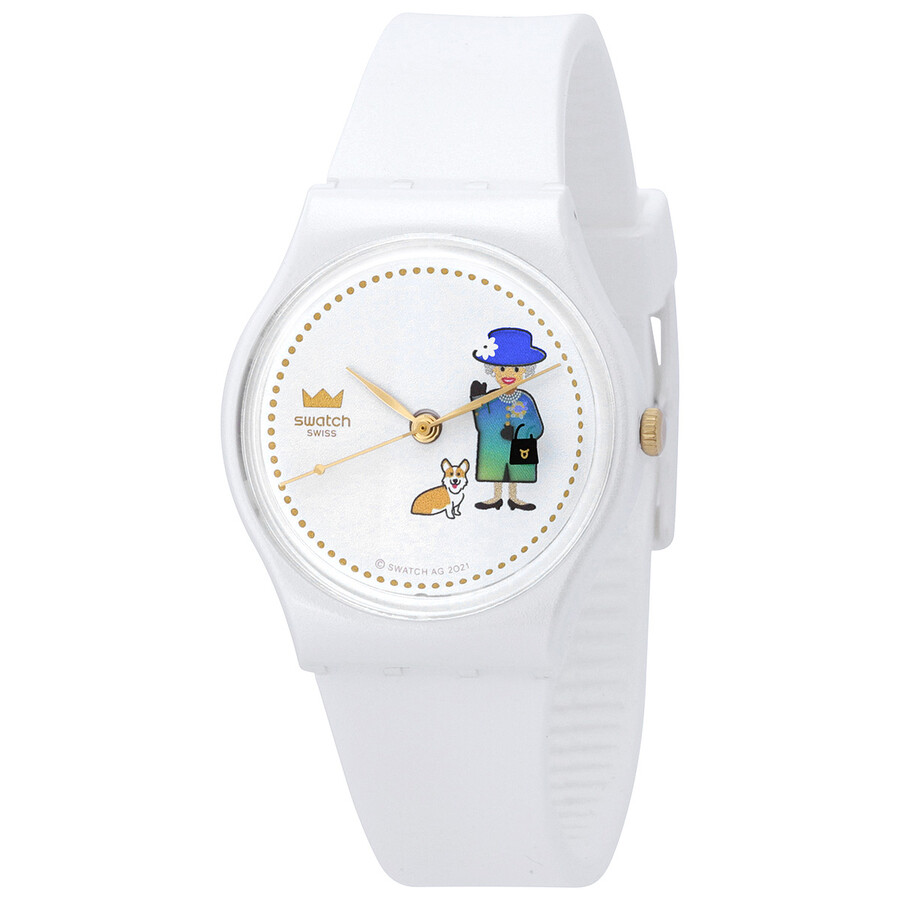 Swatch スウォッチ 腕時計 ユニセックス ホワイト クォーツ 文字盤に女王とコーギーのデザイン シリコンバンド