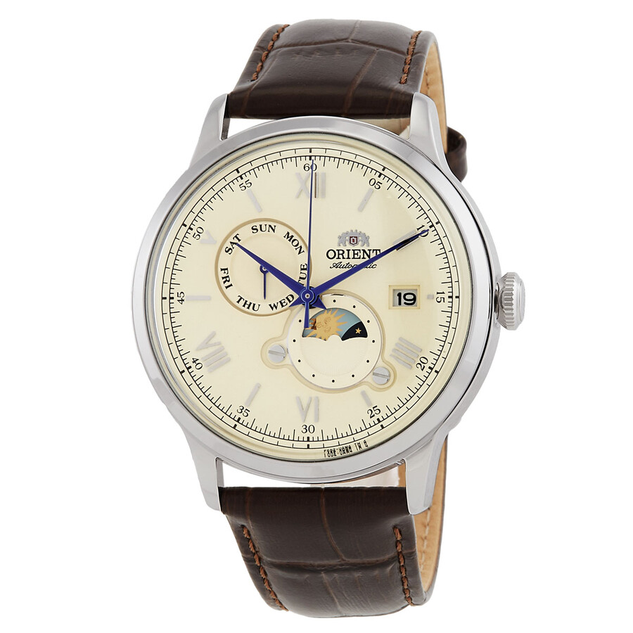 Orient Bambino 自動小銃一巻きウオッチ メンズ ベージュ文字記号盤 ブラウンレザーベルト サン＆お月さま書きあらわす
