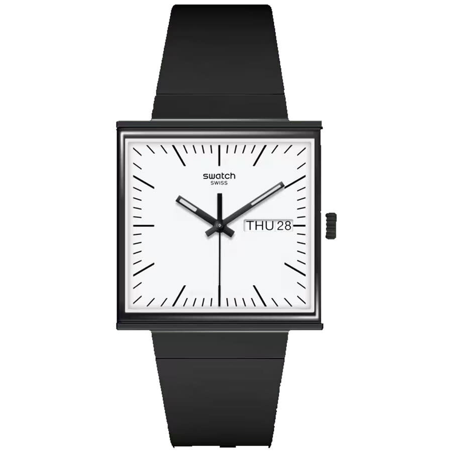 Swatch What If... 黒いこと ウオッチ メンズ レディース 石英 白いこと文字記号盤 真四角容れもの