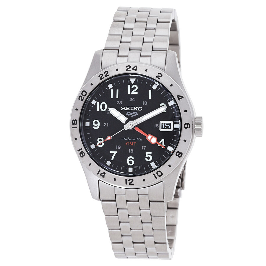 Seikoセイコー逆インポート 5 Sports GMT ウオッチ メンズ 自動小銃一巻き 黒いこと文字記号盤 ステンレススチールベルト