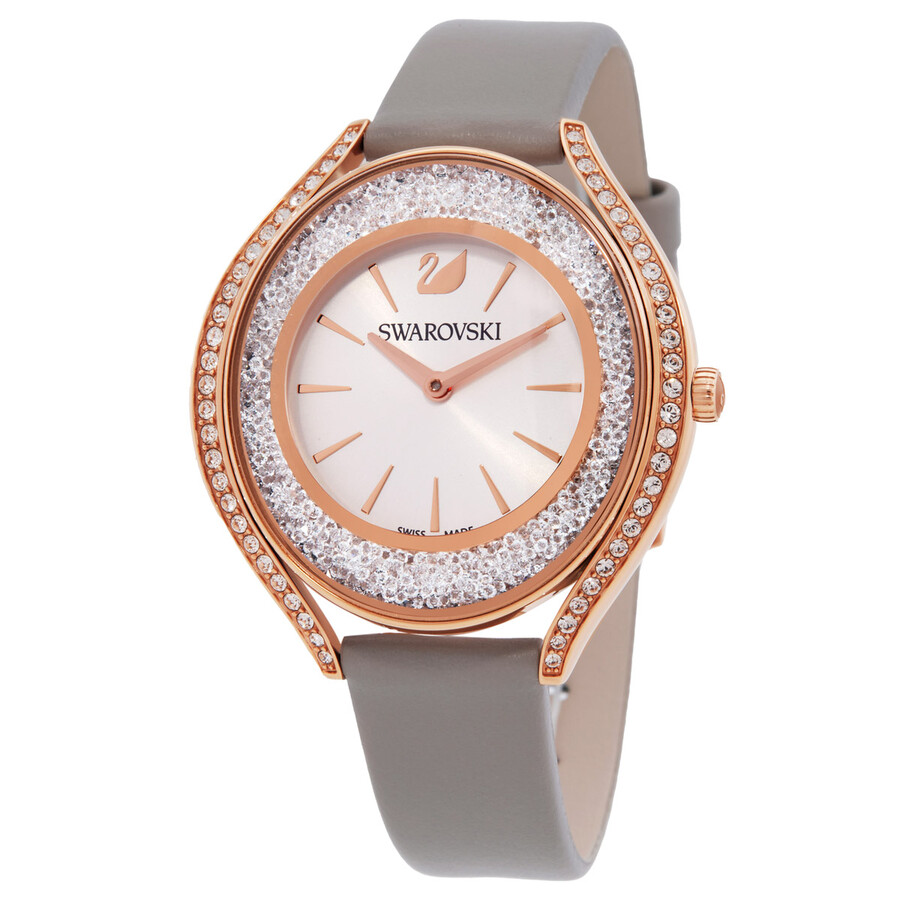 Swarovski Crystalline Aura レディースウオッチ 石英 さくら色ゴールド 白いことしろがね色文字記号盤 なめし革三尺帯
