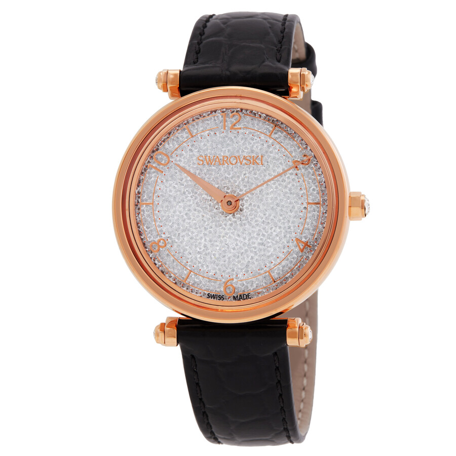 Swarovski Crystalline レディース ウオッチ 石英 ローズゴールドケース ブラックレザーベルト