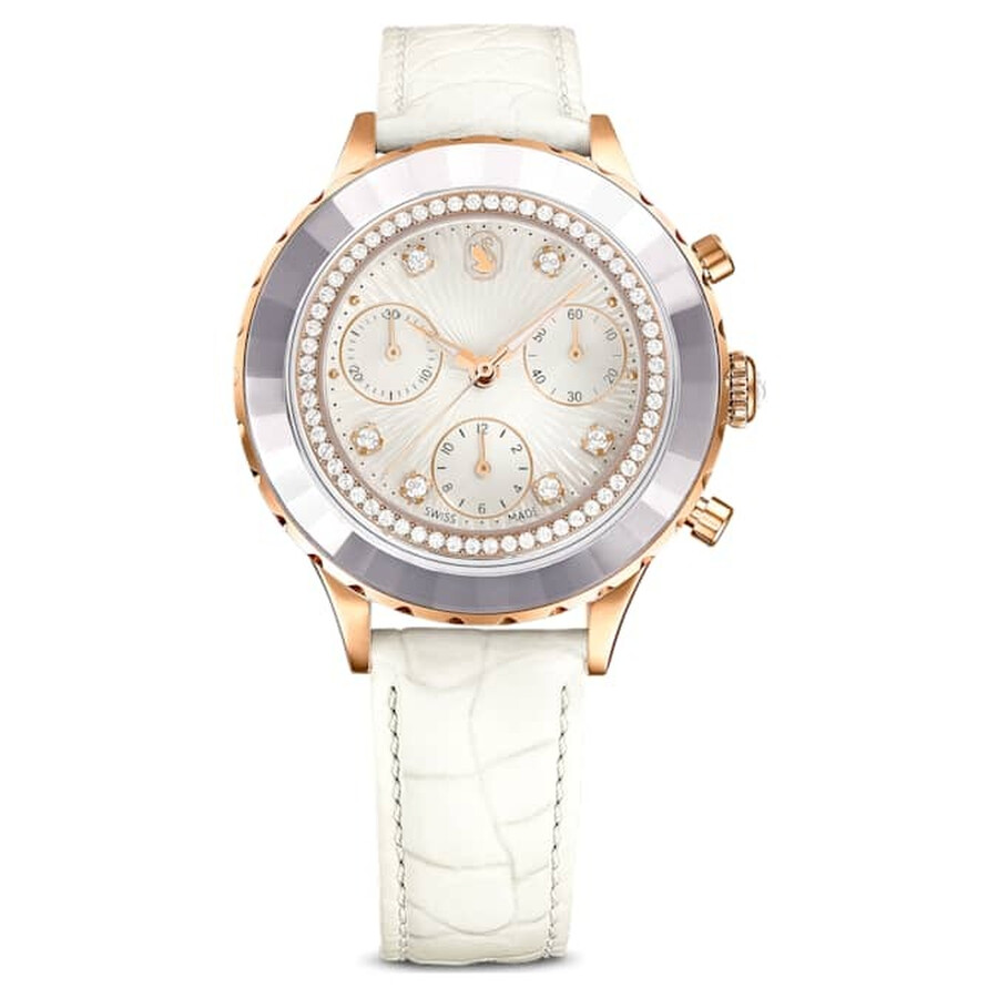 Swarovski Octea Chrono ウオッチ レディース 石英 さくら色ゴールド 白いこと なめし革三尺帯 クロノグラフ