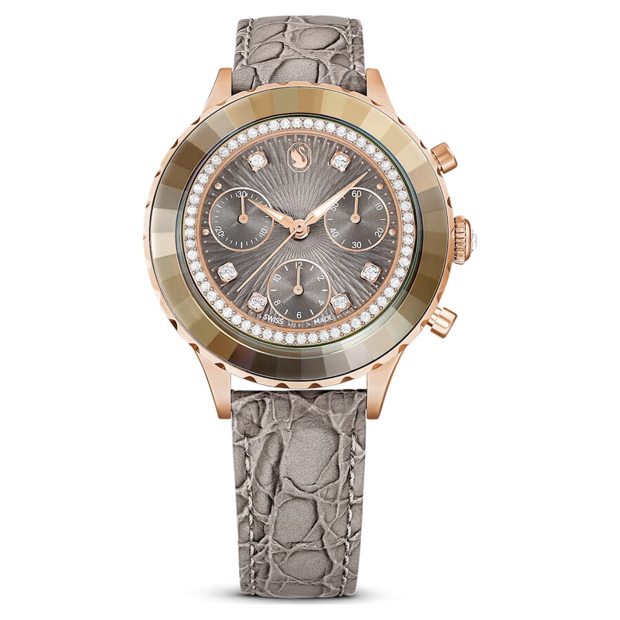 Swarovski Octea Chrono ウオッチ レディース 石英 薄墨色文字記号盤 さくら色ゴールド なめし革三尺帯