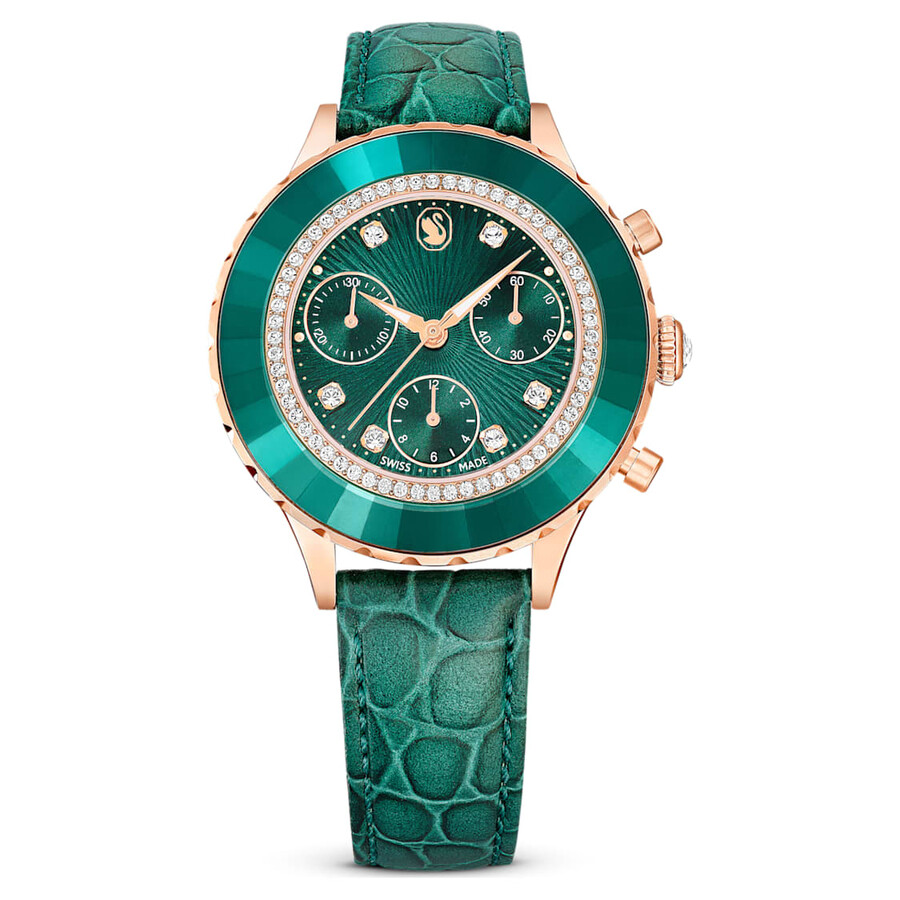 Swarovski Octea Chrono ウオッチ レディース 石英 さくら色ゴールド×緑であること文字記号盤 クロノグラフ なめし革三尺帯
