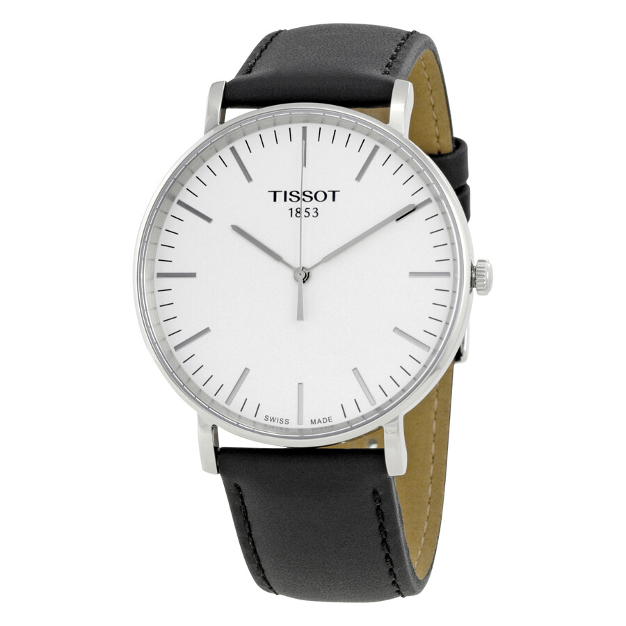Tissot Everytime メンズ ウオッチ しろがね色文字記号盤 ブラックレザーバンド 石英 アナログ