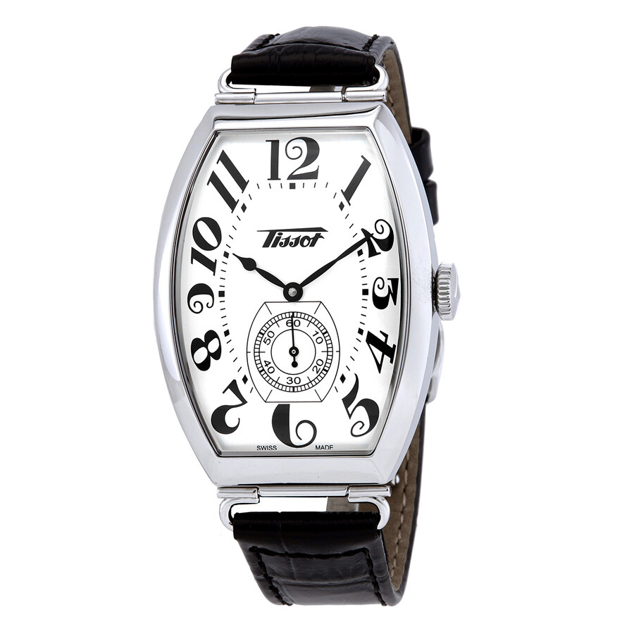 Tissot Heritage Porto レディース ウオッチ 手一巻き トノー型 しろがね色文字記号盤 ブラックレザーベルト