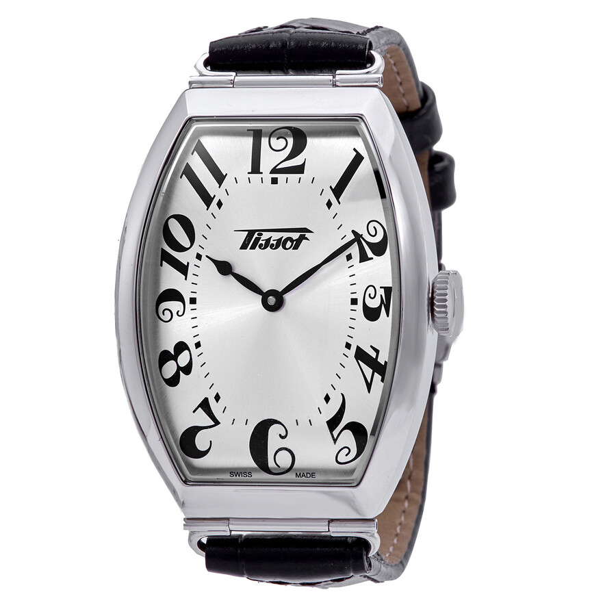 Tissot Heritage Porto ウオッチ レディース 石英 しろがね色文字記号盤 トノー型 ブラックレザーベルト