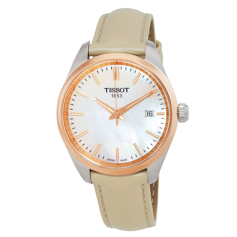 Tissot レディースウオッチ PR 100 石英 マザーオブパール文字記号盤 さくら色ゴールド なめし革ダンス楽隊
