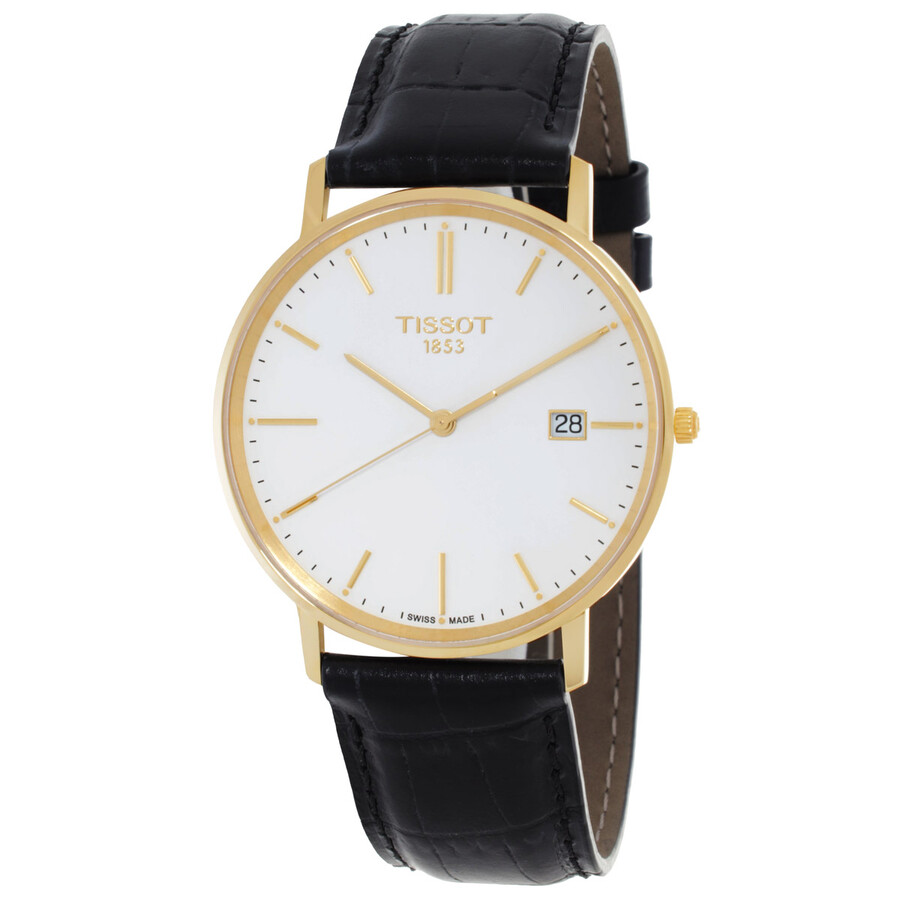 Tissot Goldrun ウオッチ メンズ 石英 白いこと文字記号盤 18Kイエローゴールドケース ブラックレザーベルト