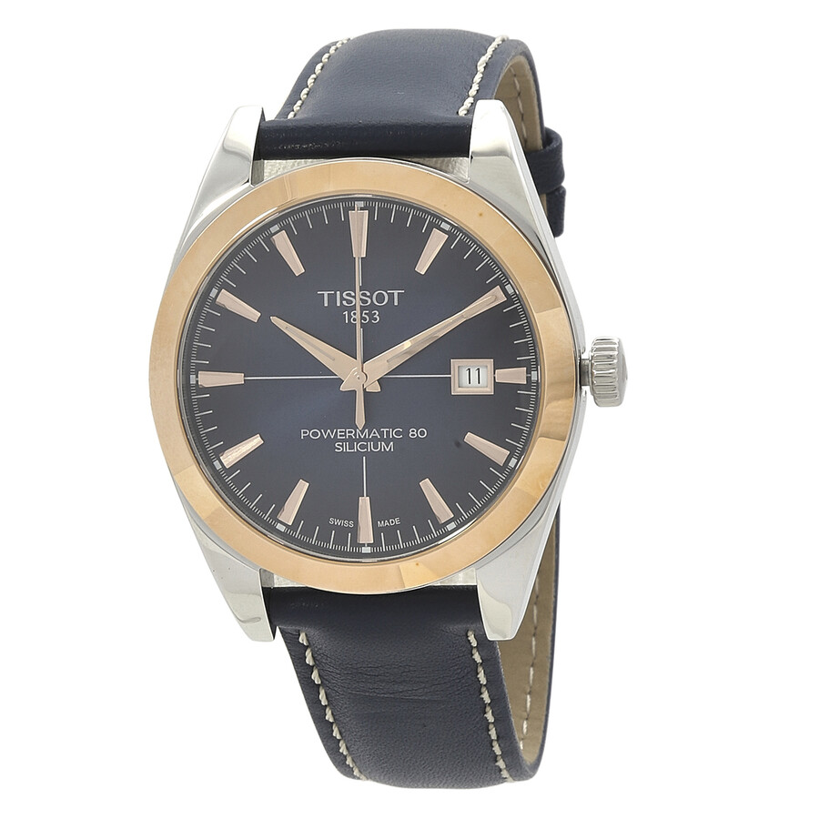 Tissot Gentleman ウオッチ メンズ 自動小銃一巻き 青碧文字記号盤 18Kローズゴールドベゼル なめし革三尺帯