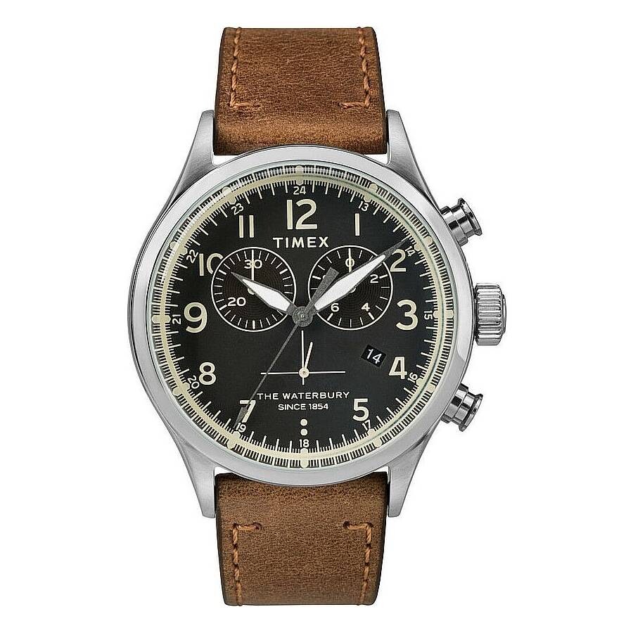 Timex Waterbury メンズ ウオッチ 石英 黒いこと文字記号盤 ブラウンレザーベルト クロノグラフ
