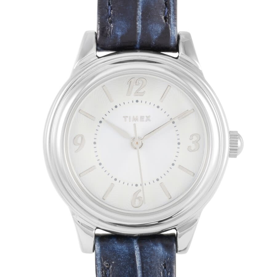 Timex レディース ウオッチ 石英 しろがね色文字記号盤 青み クロコ型押しなめし革胴締め アナログ